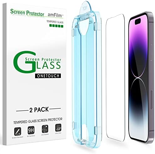 amFilm 2 Pack OneTouch Glass Screen Protector Compatible for iPhone 14 Pro 6.1 Inch, Easiest Installation, Bubble Free and Full Coverage Case Friendly