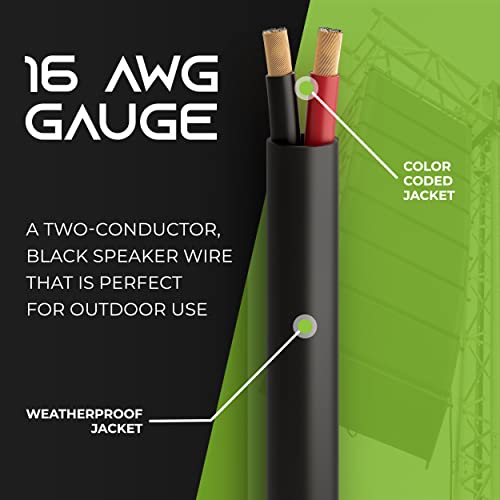 Gearit 16/2 Speaker Wire (200 Feet) 16 Gauge (Copper Clad Aluminum) - Outdoor Direct Burial In Ground/In Wall / Cl3 Cl2 Rated / 2 Conductors - Cca, Black 200Ft #TOP1