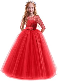 Girls Vintage Floral Lace 3/4 Sleeves Floor Length Party Fall Evening Formal Bridesmaid