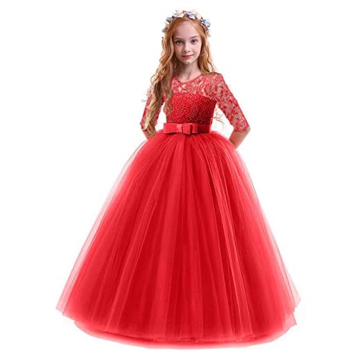 IWEMEK Blomma flickor 3/4 ärm blommig spets tyll första nattvarden festmålningsklänningar barn stora flickor prinsessa födelsedag karneval jul brudtärna bröllop fest bal klänning 2-14 år
