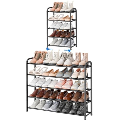 ENJOYBASICS Expandable Shoe Rack, 5 Tier Adjustable Shoe Organizer Shelf for Closet, Black Metal Free Standing Shoe Rack Storage for Small Space, Entryway