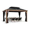 PURPLE LEAF 10' X 14' Outdoor Hardtop Gazebo for Patio Galvanized Steel Double Roof Permanent Canopy Teak Finish Coated Aluminum Frame Pavilion Gazebo with Netting