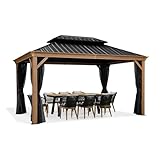 PURPLE LEAF 10' X 14' Outdoor Hardtop Gazebo for Patio Galvanized Steel Double Roof Permanent Canopy Teak Finish Coated Aluminum Frame Pavilion Gazebo with Netting