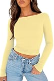 ForeFair Long Sleeve Shirt for Women Going Out Top Crop Boat Neck Double Lined Basic T Shirts (Yellow,S)