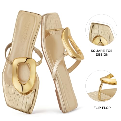 Image of PARTY Square Toe Flip Flops Women,Fashion Designer Thong Sandals with Gold Buckle Trendy Summer Comfort Flat Sandals