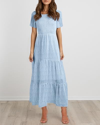 Image of BTFBM Women Casual Short Sleeve Crew Neck Summer Dress Bohemian Floral Printed Flowy Maxi Dresses Tiered Cocktail Dress