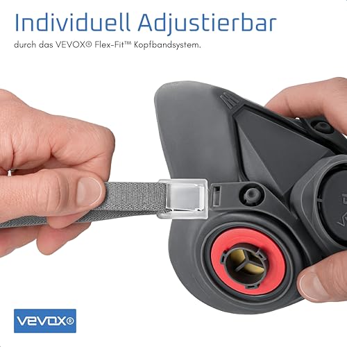 VEVOX® Atemschutzmaske – A1P2 Filter – Schutz gegen Feinstaub, Gase und Dämpfe – Zum Lackieren, Schleifen und Sanieren – Gasmaske, Staubmaske & Lackiermaske – inkl. 6x P2 und 2x A1 Filter