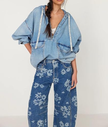 yoeasy Women's Mid Rise Baggy Barrel Jeans Floral Printed Wide Leg Y2k Boyfriend Jeans Denim Ankle Pants4