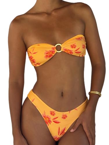 Alyweatry Women Floral Bandeau Bikini Set O Ring Strapless Tie Back Bikini Top High Cut Cheeky Thong Bathing Suit