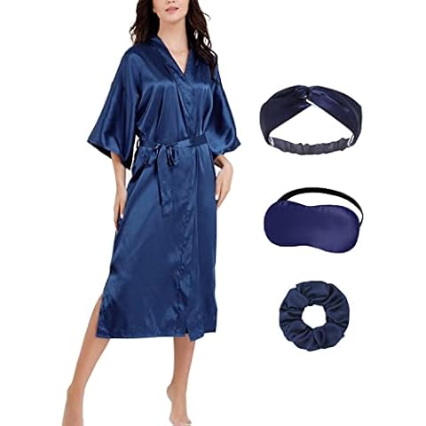 IVRRISS Women Long Silky Robe Set Kimono Bride Bridesmaid Floral Robes for Wedding Bridal Spa Party (Pure Navy, One size) Cover
