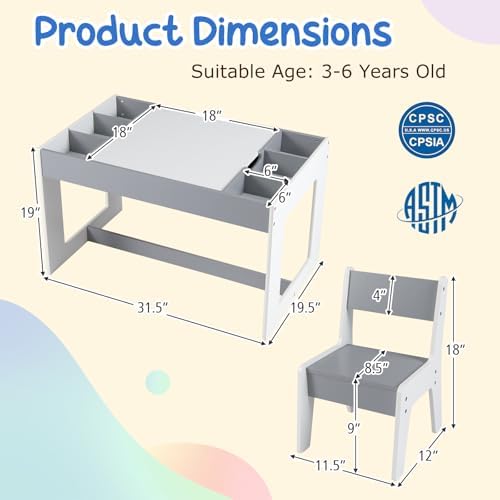 Costzon Kids Table and Chairs, 4-1 Wooden Activity Art Desk Set w/Whiteboard, Chalkboard & Storage Cubes for Drawing, Crafting, Playing, Toddler Table and Chair Set (31.5” x 19.5” x 19”,Gray) - 5