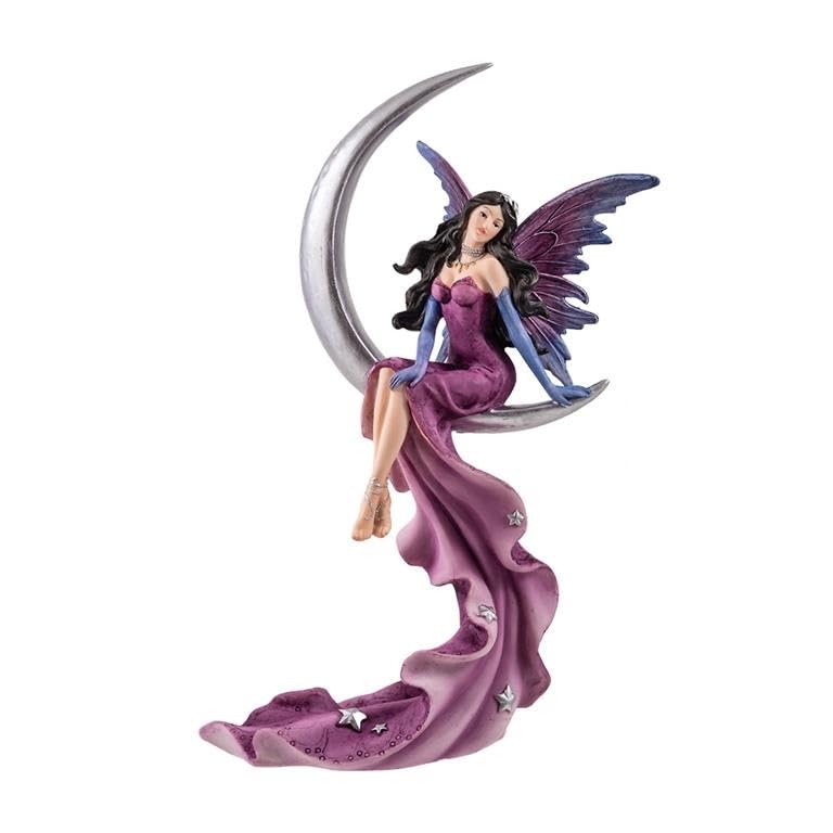 Figure fée assise sur une lune rose en robe longue, cadeau idéal pour collectionneur