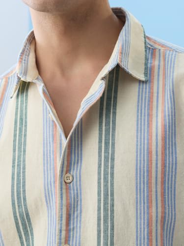 Image of The Souled Store Cotton Linen Stripes: Apricot Men and Boys Long Sleeves Collared Neck Orange Stripes Regular Fit Lightweight Comfortable Summer Cotton Linen Shirts