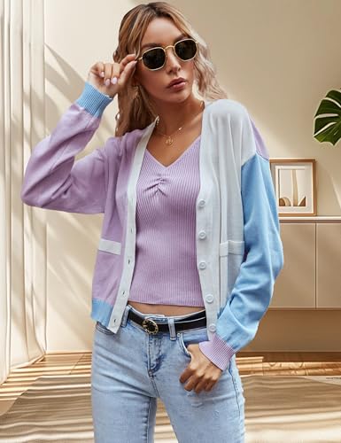 Women's Colorblock Cropped Cardigans Sweater Long Sleeve Button Front Knitted Sweaters Crop Top