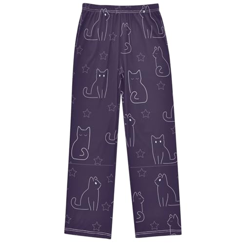 Boy's Lounge Pants Outline Animal Funny Cat Purple Kids Jogger Pants Elastic Waist Long Bottoms with Pocket 6-14Y