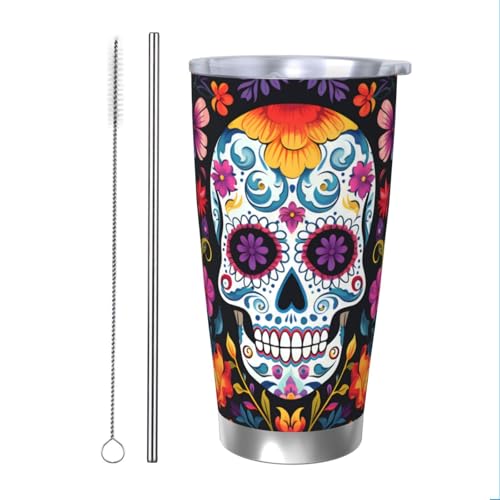 Floral Sugar Skull Tumbler mit Strohhalm und Deckel, Thermo-Auto-Becherhalter, Skelett, Mexiko, 590 ml, isolierter Becher, Edelstahl, Vakuum-Reise-Kaffeetasse für heiße und kalte Getränke