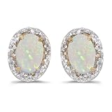 LXR 585 Yellow Gold Oval Opal And Diamond Earrings