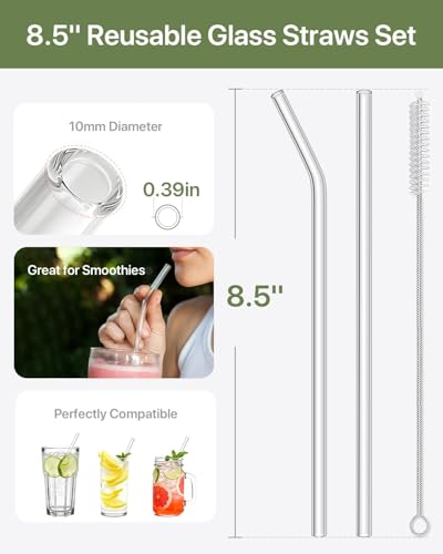 18-Pack Glass Straws, Reusable Clear Glass Drinking Straws Set, 8.5 Inch x 10mm - Includes 8 Straight and 6 Bent with 4 Straw Cleaner Brush, Perfect for Smoothies, Milkshakes, Juice, Tea #2
