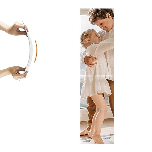 Delma Wall Mirror Tiles,Glassless Mirror for Kids,Acrylic-8''x8''x4PCS,Home Gym Mirror for Bedroom,Living Room,Door, Unbreakable Frameless Mirror Wall Stickers(8'' x 8'' x 0.07'' - 4PCS)