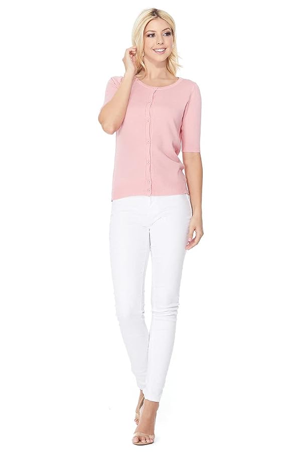 YEMAK Women's Knit Cardigan Sweater – Short Half Sleeve Crewneck Basic Classic Casual Button Down Soft Lightweight Top MK3467-WHT-XL White by YEMAK - Used condition - Image 5
