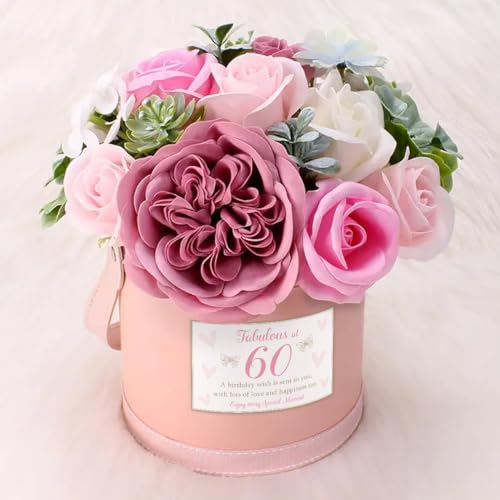 60th Flowers, Birthday Gifts for Women, Soap Flower Bouquet, Everlasting Flowers, Thoughtful Gifts for 60th, Sixty, Sixtieth Birthday Pink Roses, Artificial Flowers, Gift Box