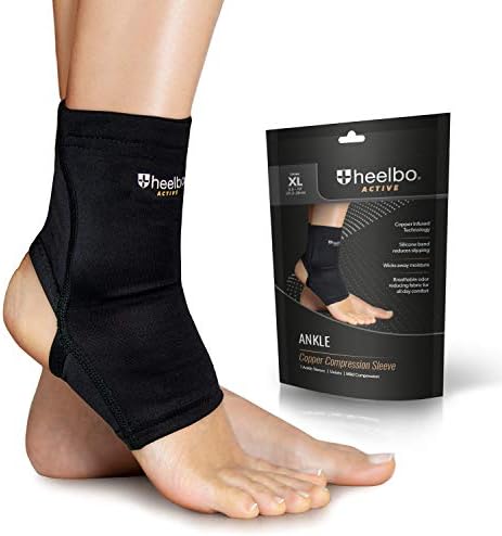 Heelbo Ankle Compression Sleeve and Compression Sock Made with Copper Infused Fibers and Breathable Fabric for Planter Fasciitis, Achilles Tendonitis or Arch Support, Black, Extra Large
