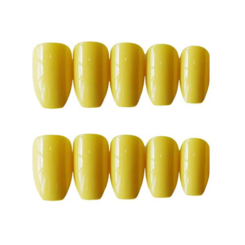 Casdre Glossy Coffin False Nail Yellow Long Ballerina Press On Nail Art Full Cover Fake Nails for Women and Girls(Pack of 24)