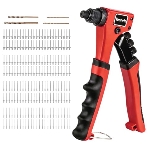 Toolwiz Rivet Gun One-Handed Rivet Gun Kit with 200pcs Rivets, 4pcs Tool-Free Interchangeable Heads and 4pcs Drill Bits - Heavy Duty Hand Riveter for Metal, Wood, Plastic, Leather, Fabric by Toolwiz - Used condition - CA$24.35