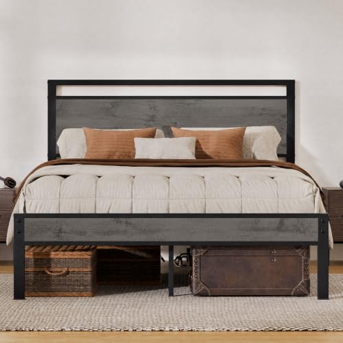 Z hom Queen Size Bed Frame with Wood Headboard Heavy Duty Metal Bed