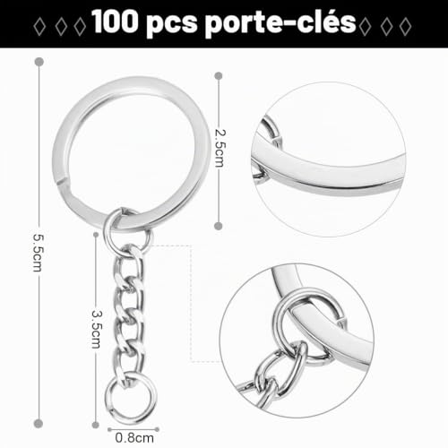 100PCS Porte-Clés claviers Set avec Anneaux Brisés et chaînes Blanks Bordés avec 4 Chaîne de Liaison en Alliage Artisanat (100pcs) – vue 2