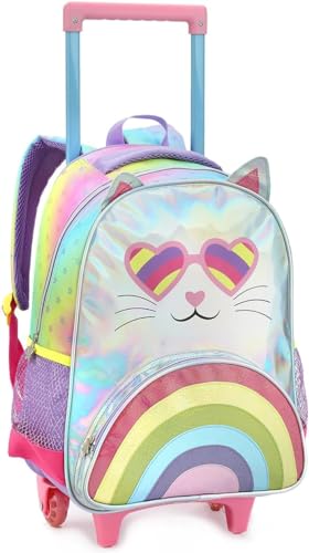 Kit Mochila com Rodinhas Infantil Escolar Menina Gatinha Arco Iris 3 Peças Acompanha Lancheira e Por