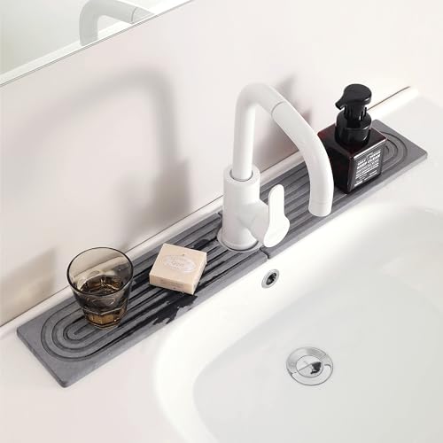 KITHOLD Diatomite Sink Splash Guard – Super Absorbent Kitchen & Bath Mat, Quick-Dry Non-Slip Drying Tray, Fits Most Faucets, Pet Bowl Mat, Vase Holder (Premium Gray, 23.6'' x 4'')