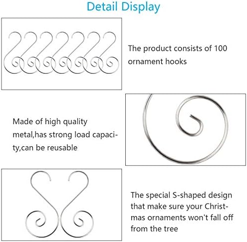 WEDNOK 100pcs Christmas Tree Hooks Xmas S-Shaped Hangers Hook Christmas Ornament Hooks for Hanging Bauble Party Decoration Home DIY Crafts (Silver)