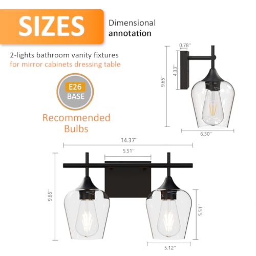Image of Vanity Bathroom Light, 2-Light Bathroom Light Fixtures Over Mirror, Black Vanity Lights for Bathroom with Clear Glass, Modern Wall Lamp for Cabinet Hallway, Bedroom