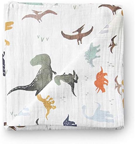 Aenne Baby Muslin Baby Swaddle Blanket Dinosaur Dino Print, Luxurious, Soft and Silky, 70% Bamboo 30% Cotton 47x47inch (1pack), Baby boy Nursing Cover, wrap, Burp Cloth