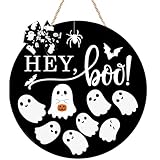 Halloween Door Sign Decorations Ghost Wreath with Bow for Front Door Hey Boo Spooky Hanging Sign Wooden Wall Decor for Room Party Indoor Home
