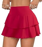 DLOODA Tennis Skirt for Women, Double Ruffle Golf Skirt High Waisted Flowy Athletic Skort with Pockets Workout Pickleball Y2K Red