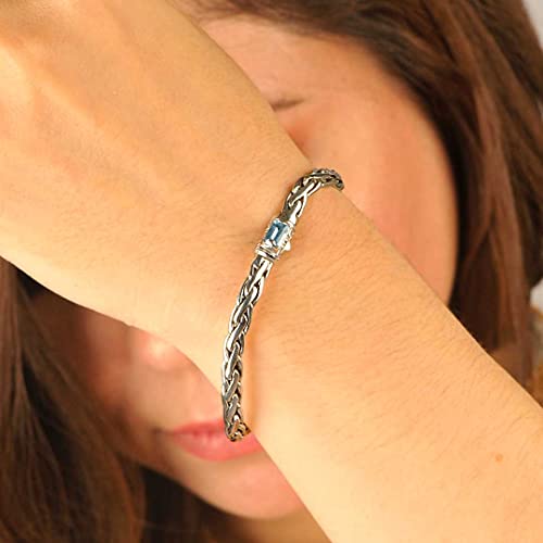 925 Sterling Silver Chain Link Bracelet With Blue Topaz Gemstone For Women, Mother's Day, Father's Day, Christmas And Jewelry Gift, Size 8 Inches #TOP5