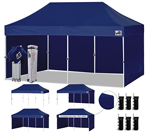 Image of Eurmax USA 10x20 Pop Up Canopy Tent,Commercial Tent with Patented No-Tip Rolling Bag,4 Zippered Removable Walls,UV & Water Resistant Canopy Top,Heavy Duty Outdoor Gazebo,Instant Shelter(Navy Blue)
