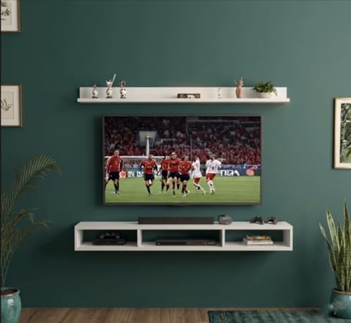 Image of Bros Moon Engineered Wood, Wall Mounted TV Cabinet, Frosty White, Modern Style, Laminated Finish, for Living Room, Suits TV up to 55 Inches (Frosty White, Parallel Roof Top 48 Inches)
