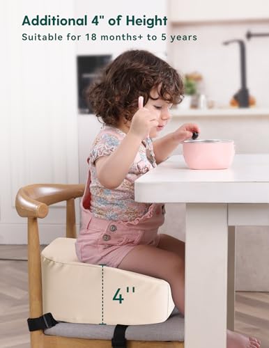 Image of Babelio Ergo-Designed Booster Seat for Kitchen Chair, Promote Proper Upright Posture, Toddler Booster Seat for Dining Table, Suitable for 18 Months to 5 Years, Stain-Resistant Faux Leather, Beige