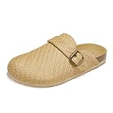 PepStep Women's Faux Straw Raffia Clogs with Buckle Strap - Comfortable Slip On Style, Suede Insole, Arch Support, Cork Bottom(8,Linen)