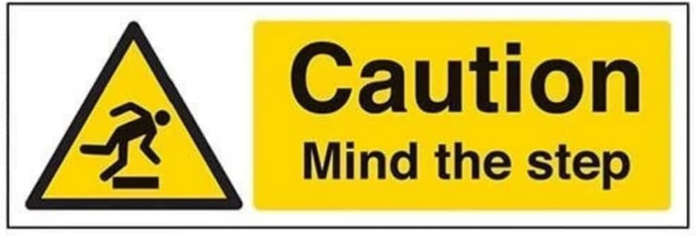 V Safety Caution Mind The Step Warning Sign - 300mm x 100mm - Self Adhesive Vinyl