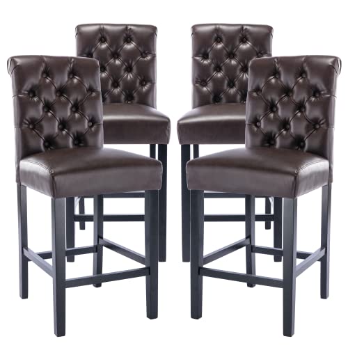 Chairus Counter Height Bar Stools Set Of 4, Mid Century Modern 26 Inch Barstools With Button Tuted Back Comfy Upholstered Pu Leather Wood Bar For Home Bar/Kitchen Island/Restaurant, Coffee #TOP9