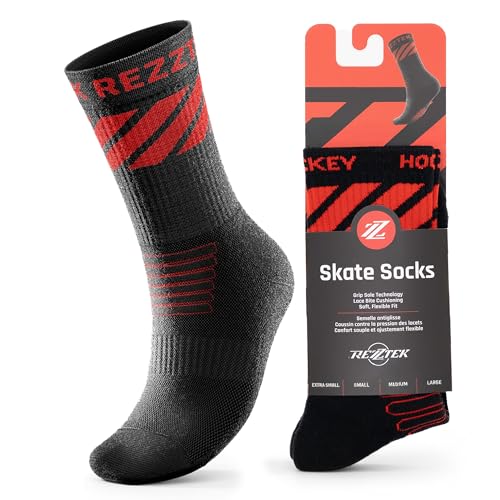 Rezztek Hockey Ice Skate Socks with Grip Sole and Anti Laces Bite Protection, Comfortable and Durable for Adults and Teens, black, S