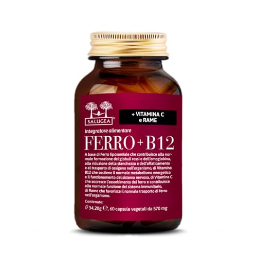 Salugea FERRO + B12 Salugea - Integratore 100% Naturale - Con Ferro liposomiale, Vitamina B12, Rosa Canina (Vitamina C) e Rame - 60 Capsule Vegetali in Flacone in vetro scuro farmaceutico