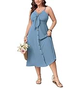 SCOMCHIC Plus Size Summer Dresses Tie Front V-Neck Spaghetti Strap Button Down A-Line Midi Dress