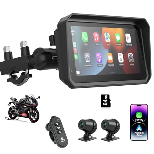 4K Motorcycle CarPlay ＆ Android Auto Screen 6.25'' Wireless Apple Car Play Screen DVR with Dual Cameras for Motorbike, WiFi, GPS Navigation, Remote Control, Siri/Google Voice Control, TF-64G