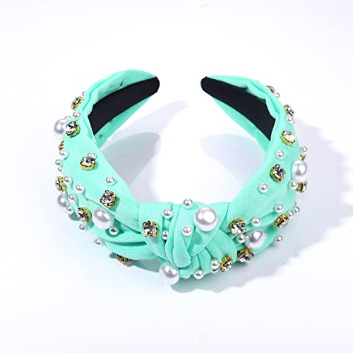 Glbcc Pearl Headband Sparkly Rhinestone Pearls Knot Hairband Wide Knotted Headband Headpiece Spring Summer Pink Black Headbands Headwear Accessories (Green Knot Hairband) #TOP4