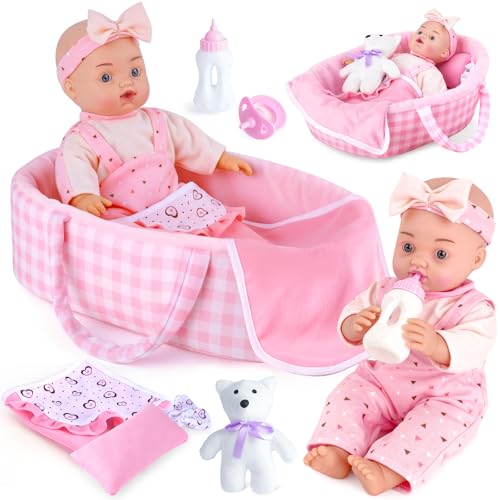 AuntyFey 12 Baby Doll Set Baby Doll Bassinet with Accessory for Girl Toddlers 1-3 with Bottle Teddy Bear Pillow Blanket